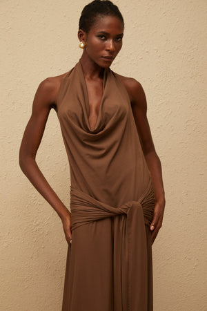 Aurohaya Minna Brown Halterneck Twisted Maxi Dress