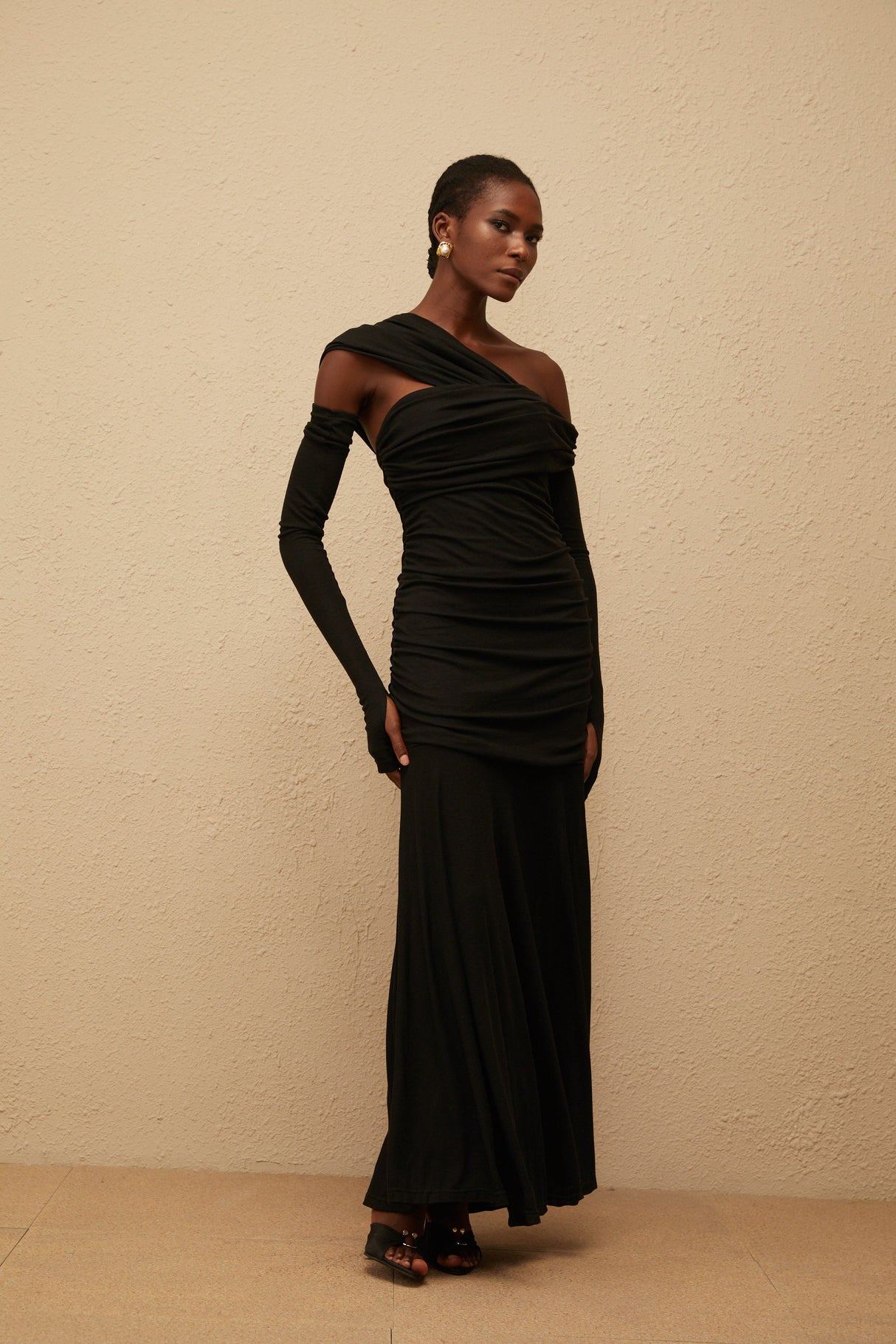 Aurohaya Aava Black Ruched Knit Maxi Dress