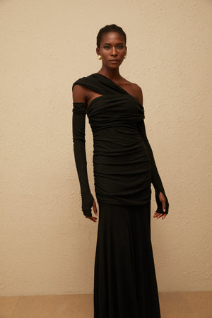 Aurohaya Aava Black Ruched Knit Maxi Dress