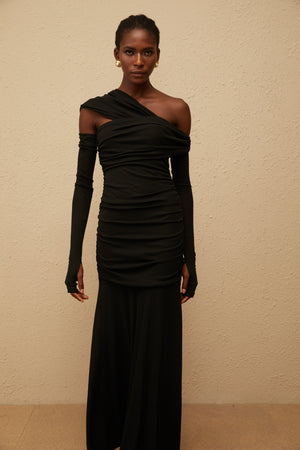 Aurohaya Aava Black Ruched Knit Maxi Dress