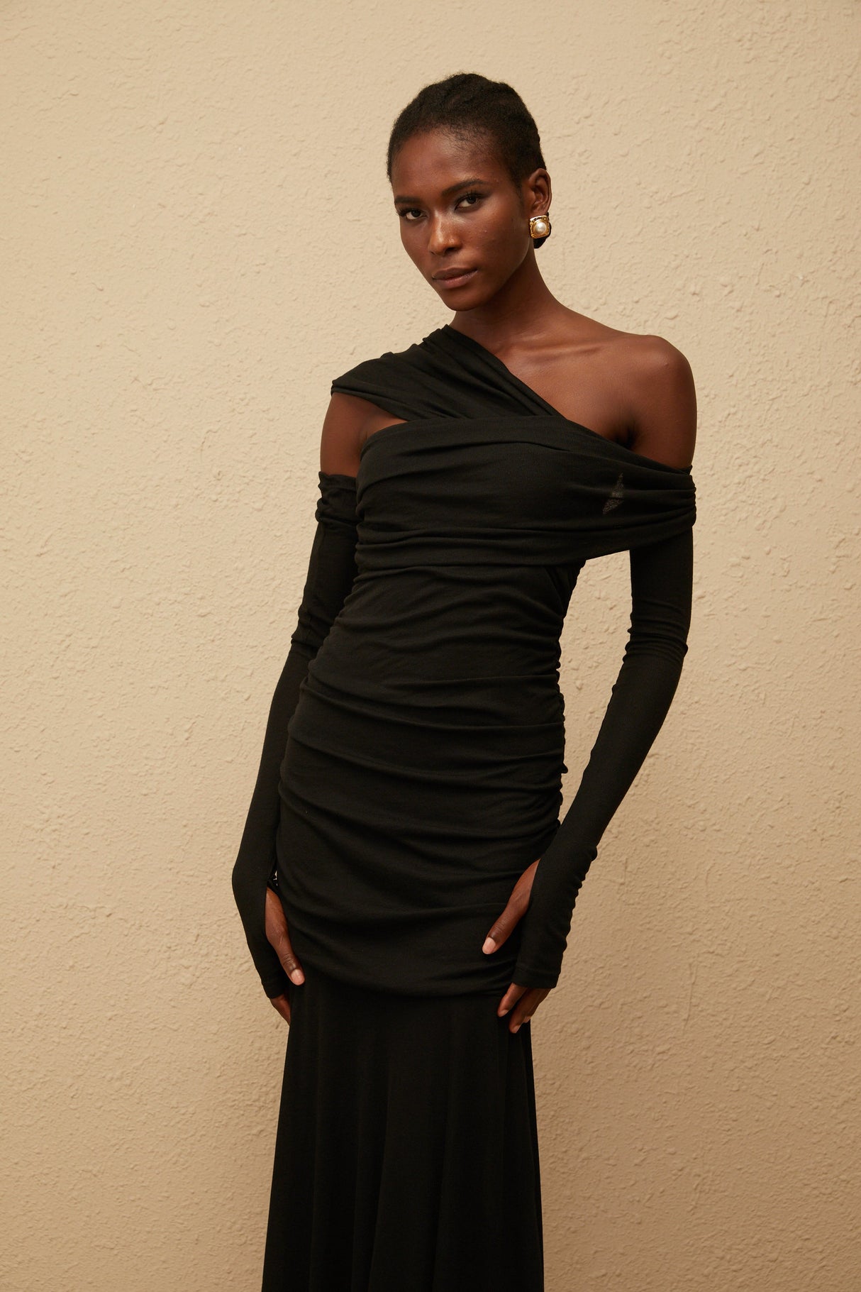 Aurohaya Aava Black Ruched Knit Maxi Dress