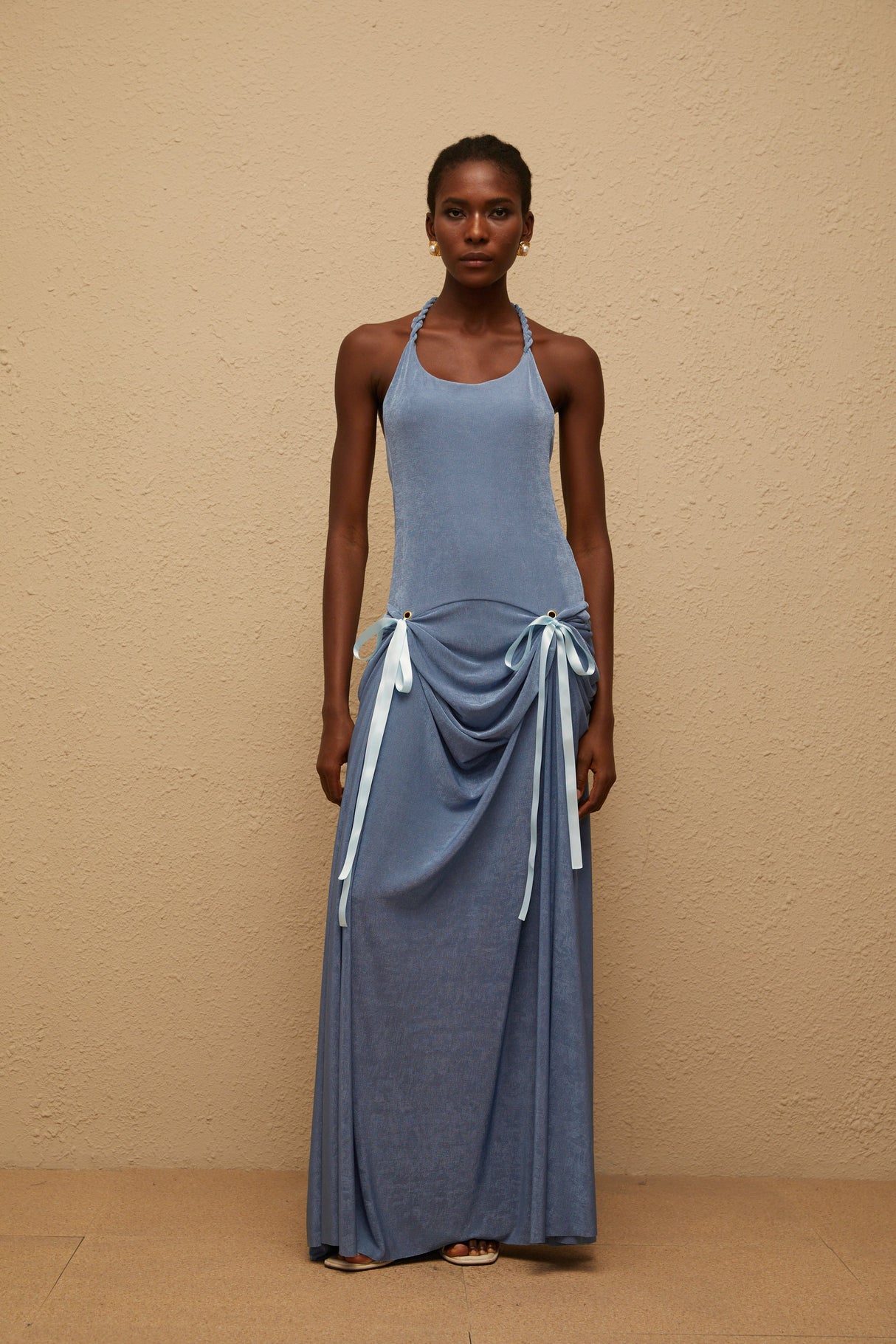 Aurohaya Adèle Blue Bowknot Velvet Maxi Dress