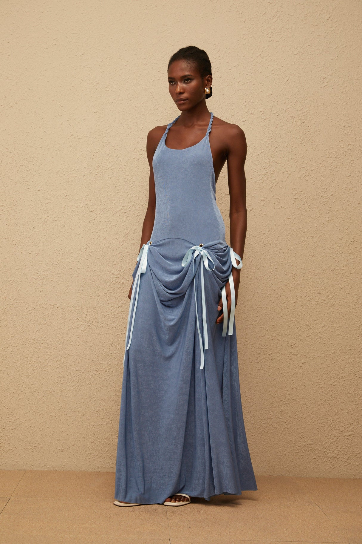 Aurohaya Adèle Blue Bowknot Velvet Maxi Dress