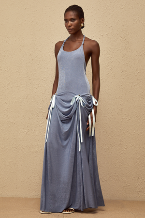 Aurohaya Adèle Blue Bowknot Velvet Maxi Dress