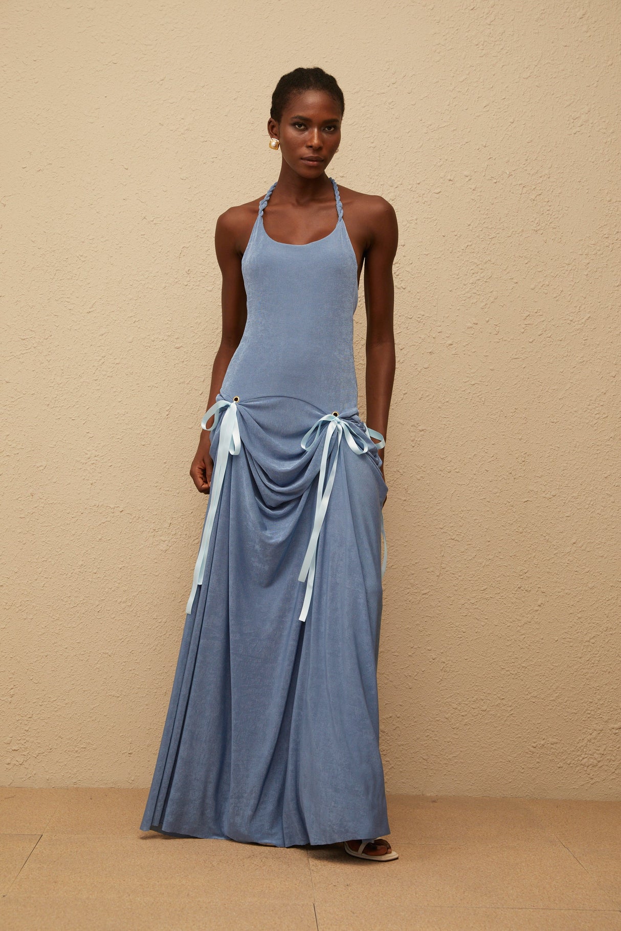 Aurohaya Adèle Blue Bowknot Velvet Maxi Dress