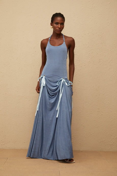 Aurohaya Adèle Blue Bowknot Velvet Maxi Dress