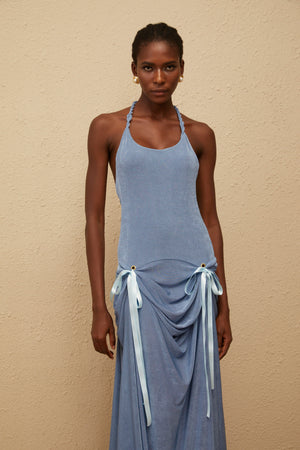 Aurohaya Adèle Blue Bowknot Velvet Maxi Dress