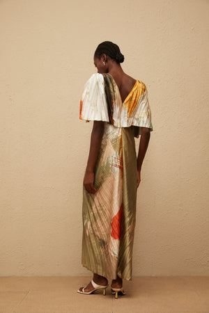 Aurohaya Giulia Green Smudged Graffiti Satin Maxi Dress