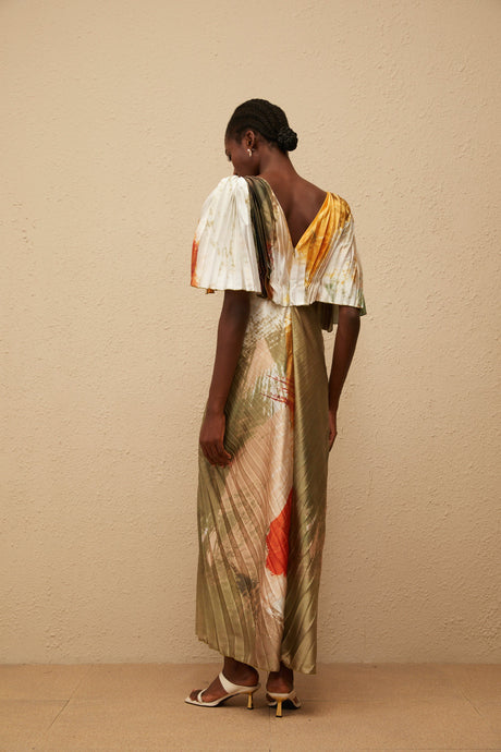 Aurohaya Giulia Green Smudged Graffiti Satin Maxi Dress