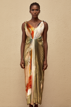 Aurohaya Giulia Green Smudged Graffiti Satin Maxi Dress