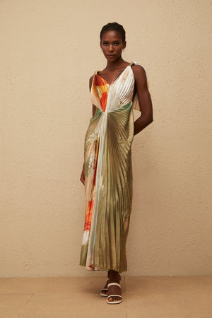 Aurohaya Giulia Green Smudged Graffiti Satin Maxi Dress