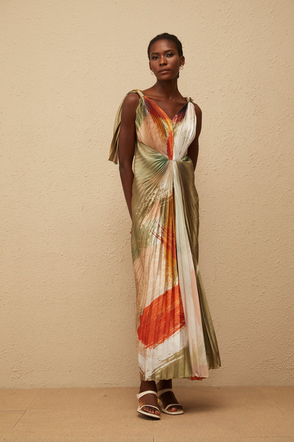 Aurohaya Giulia Green Smudged Graffiti Satin Maxi Dress