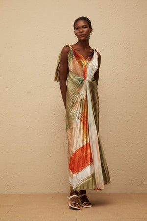 Aurohaya Giulia Green Smudged Graffiti Satin Maxi Dress