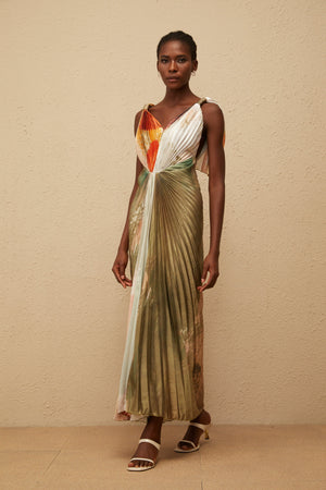 Aurohaya Giulia Green Smudged Graffiti Satin Maxi Dress