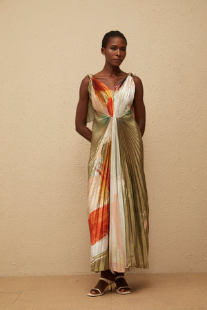 Aurohaya Giulia Green Smudged Graffiti Satin Maxi Dress