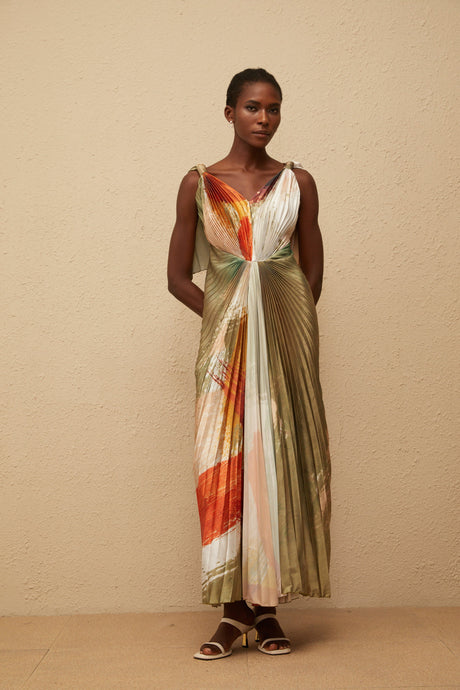 Aurohaya Giulia Green Smudged Graffiti Satin Maxi Dress