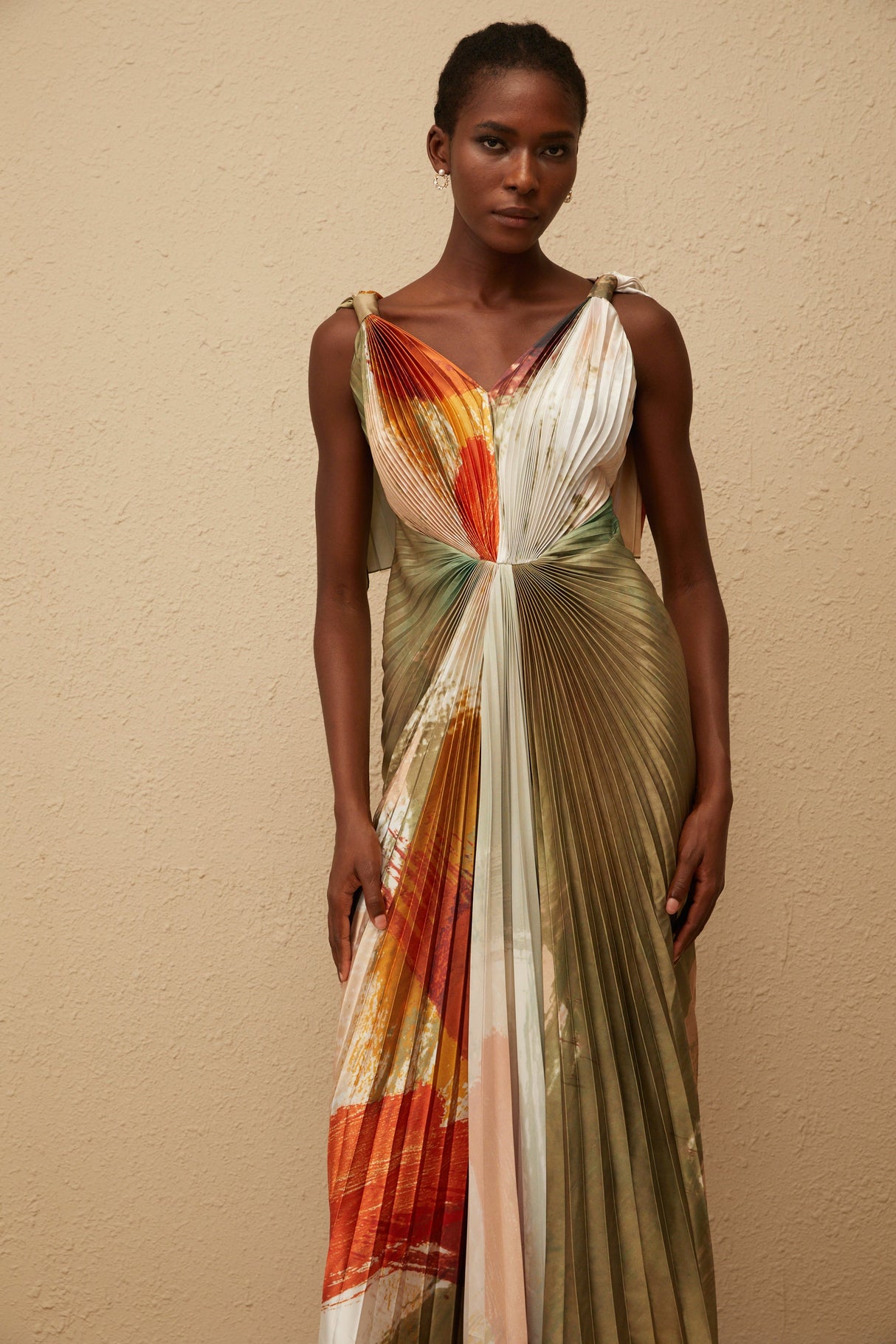 Aurohaya Giulia Green Smudged Graffiti Satin Maxi Dress