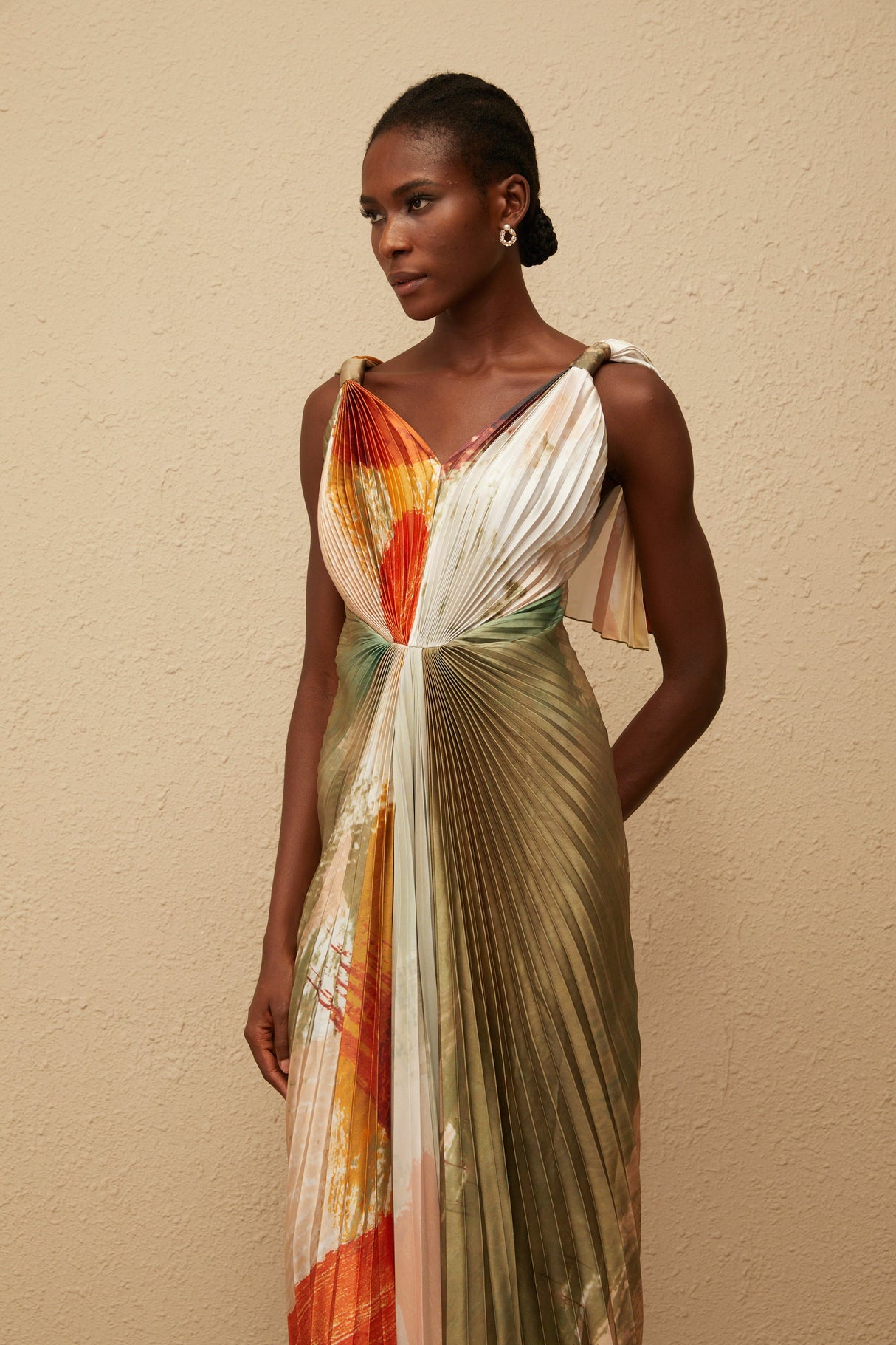Aurohaya Giulia Green Smudged Graffiti Satin Maxi Dress