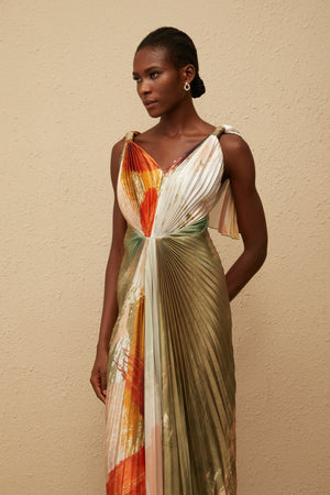 Aurohaya Giulia Green Smudged Graffiti Satin Maxi Dress