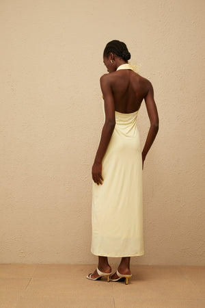 Aurohaya Brume Yellow Halterneck 3D Petal Maxi Dress