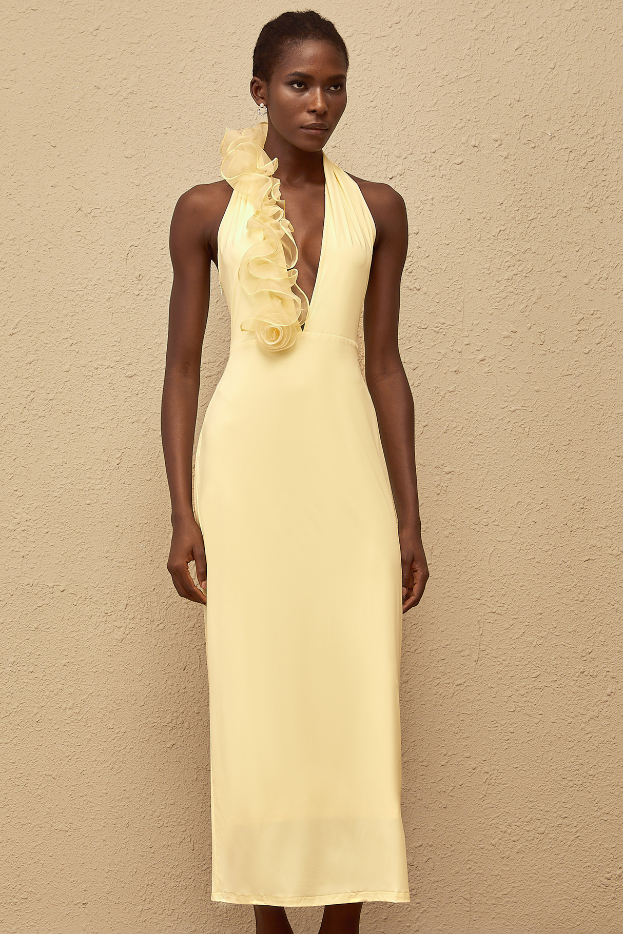 Aurohaya Brume Yellow Halterneck 3D Petal Maxi Dress