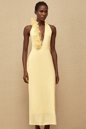 Aurohaya Brume Yellow Halterneck 3D Petal Maxi Dress
