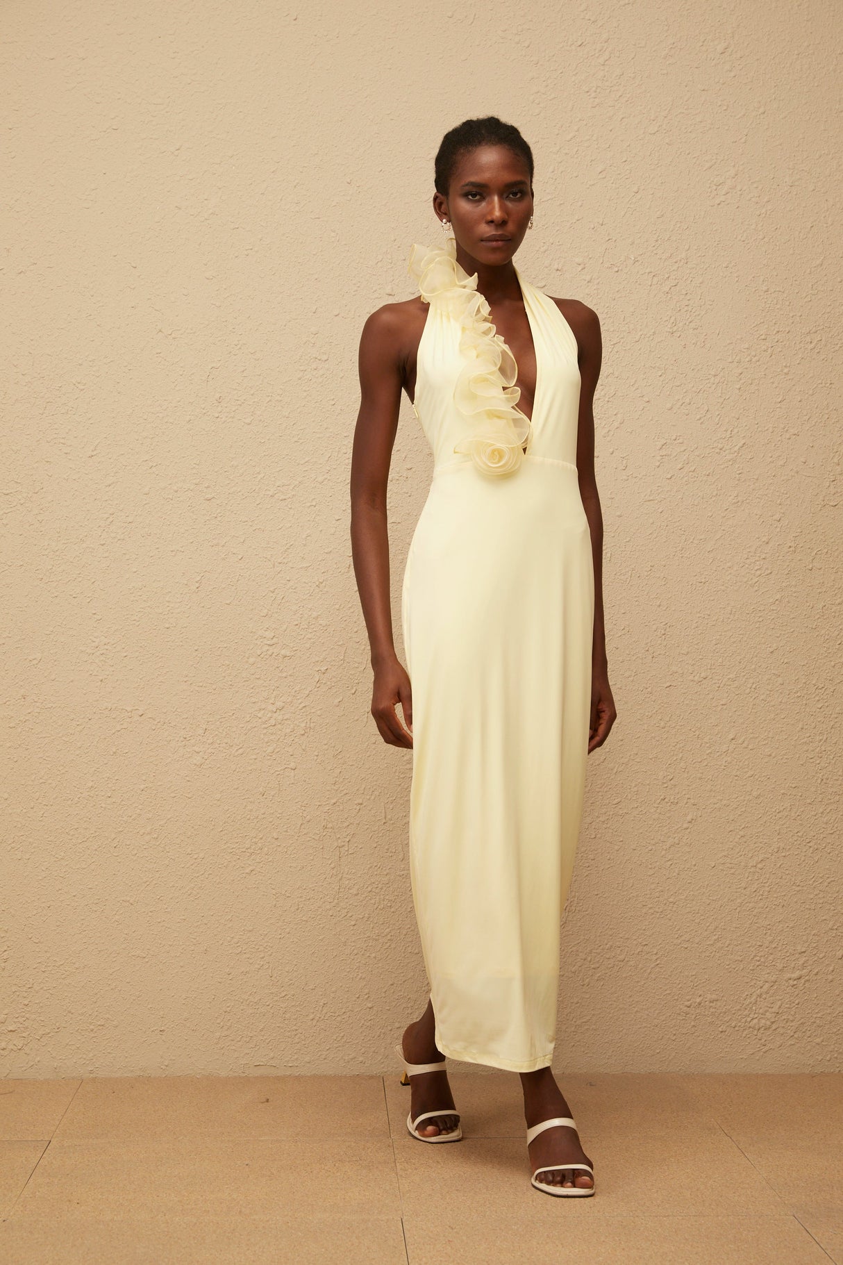 Aurohaya Brume Yellow Halterneck 3D Petal Maxi Dress