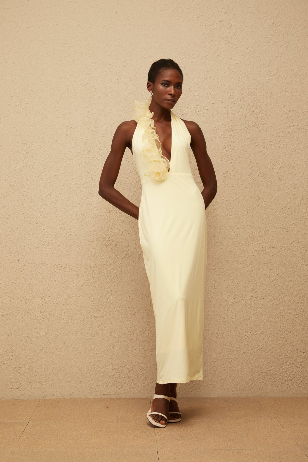 Aurohaya Brume Yellow Halterneck 3D Petal Maxi Dress