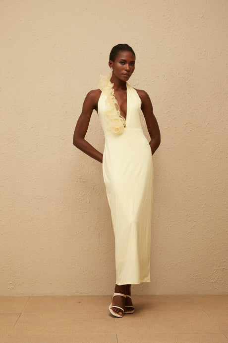 Aurohaya Brume Yellow Halterneck 3D Petal Maxi Dress