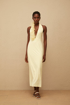 Aurohaya Brume Yellow Halterneck 3D Petal Maxi Dress