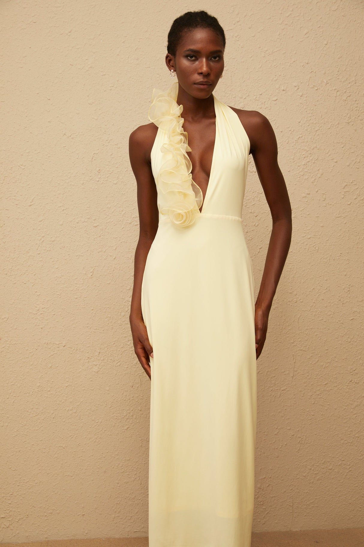 Aurohaya Brume Yellow Halterneck 3D Petal Maxi Dress