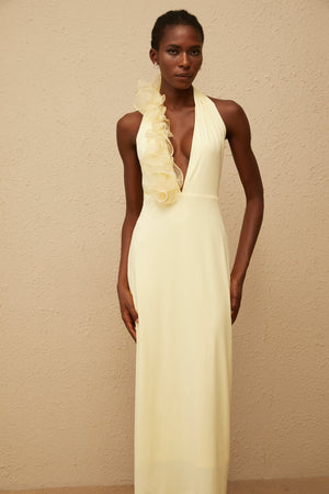 Aurohaya Brume Yellow Halterneck 3D Petal Maxi Dress