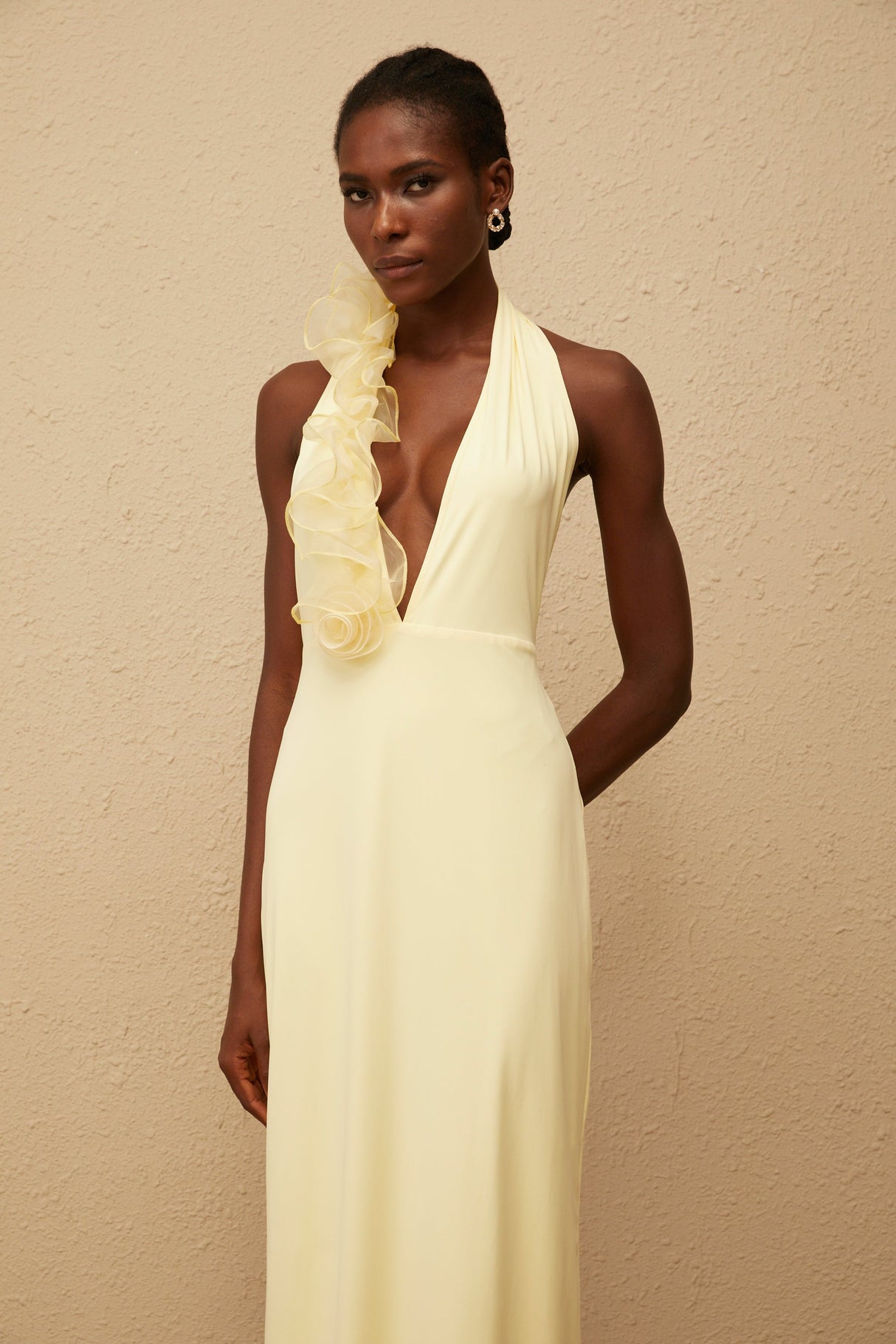 Aurohaya Brume Yellow Halterneck 3D Petal Maxi Dress
