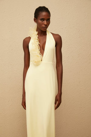 Aurohaya Brume Yellow Halterneck 3D Petal Maxi Dress