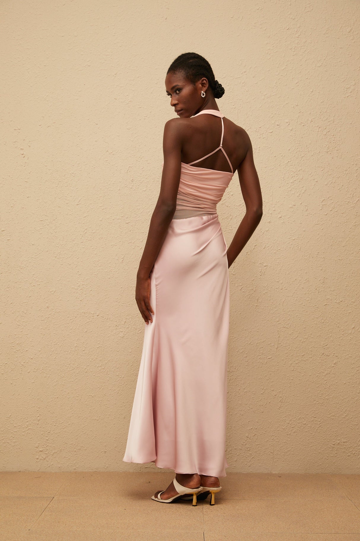 Aurohaya Taina Pink Mesh Panel Ruched Maxi Dress