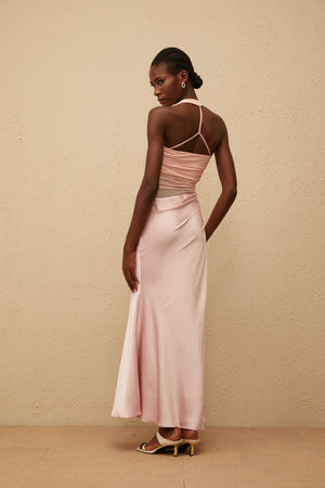 Aurohaya Taina Pink Mesh Panel Ruched Maxi Dress