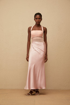Aurohaya Taina Pink Mesh Panel Ruched Maxi Dress