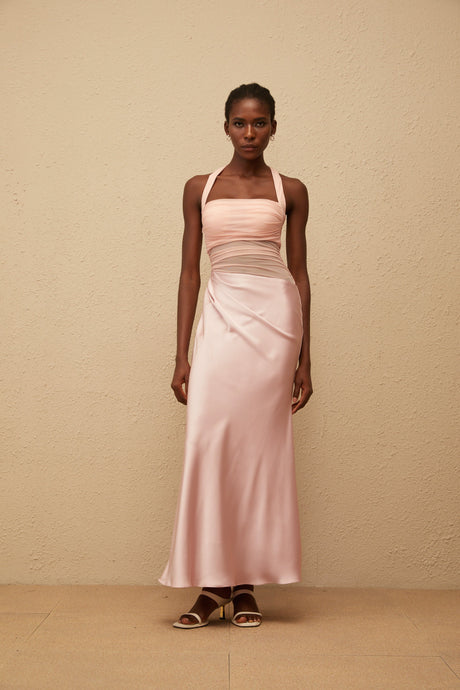 Aurohaya Taina Pink Mesh Panel Ruched Maxi Dress