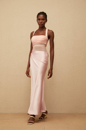 Aurohaya Taina Pink Mesh Panel Ruched Maxi Dress