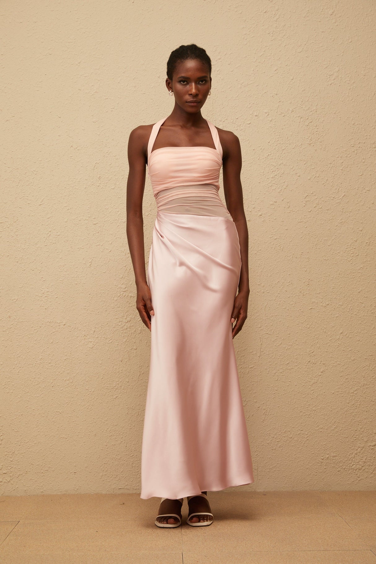 Aurohaya Taina Pink Mesh Panel Ruched Maxi Dress