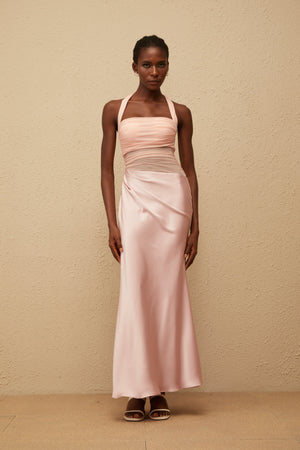 Aurohaya Taina Pink Mesh Panel Ruched Maxi Dress