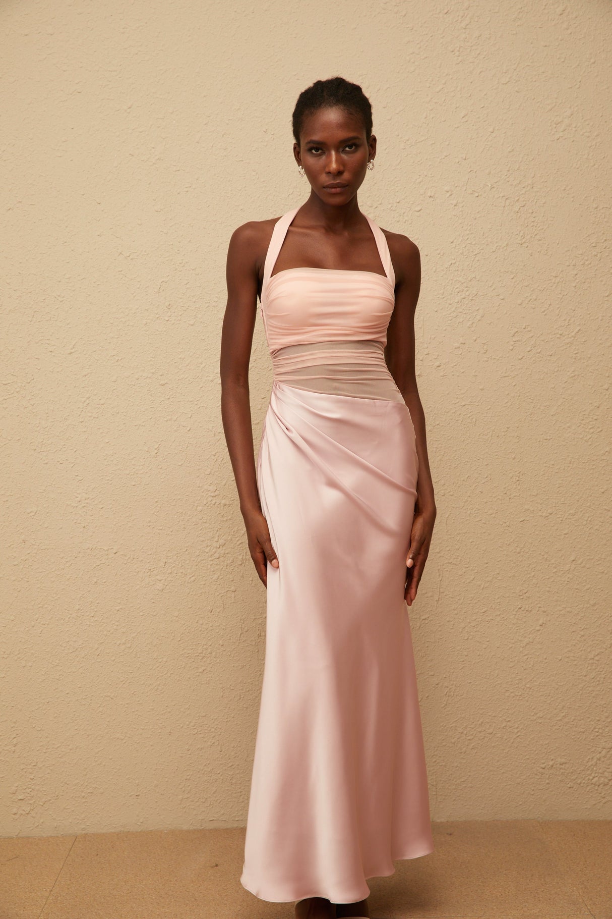 Aurohaya Taina Pink Mesh Panel Ruched Maxi Dress