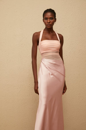 Aurohaya Taina Pink Mesh Panel Ruched Maxi Dress