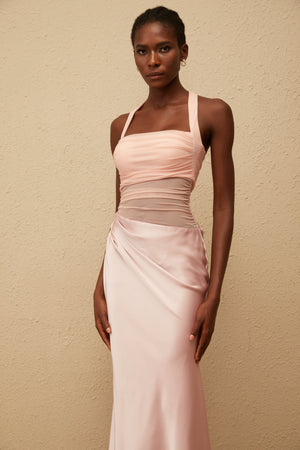 Aurohaya Taina Pink Mesh Panel Ruched Maxi Dress