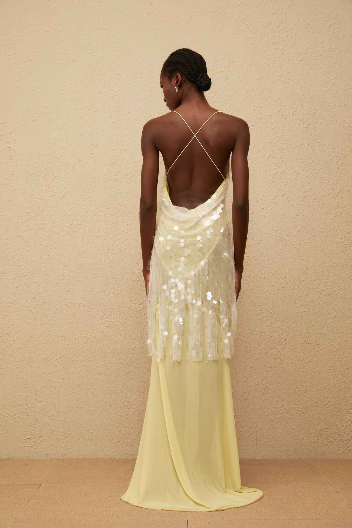 Aurohaya Joyau Yellow Sequin Mesh Maxi Dress