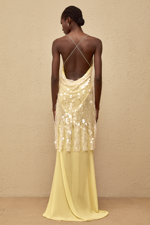 Aurohaya Joyau Yellow Sequin Mesh Maxi Dress