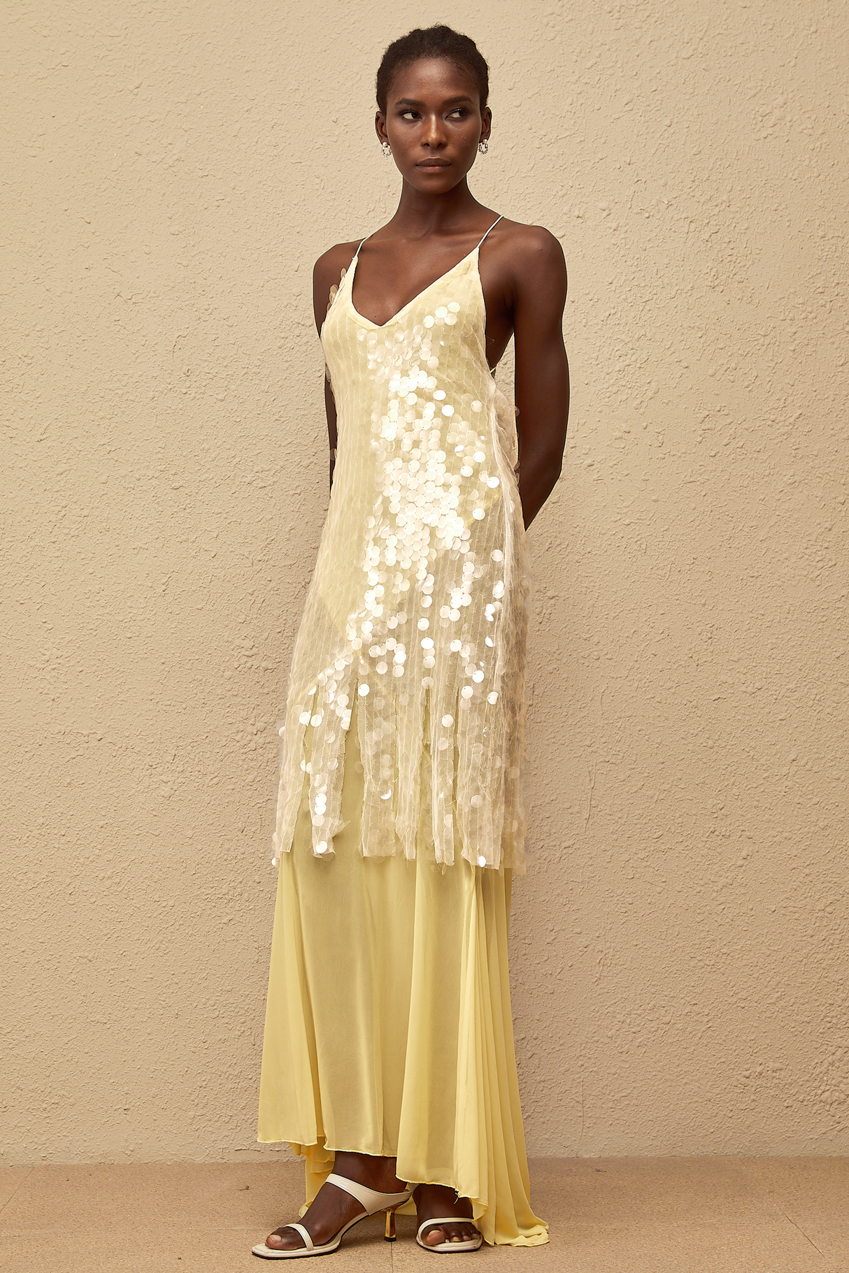 Aurohaya Joyau Yellow Sequin Mesh Maxi Dress