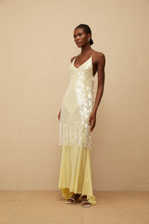 Aurohaya Joyau Yellow Sequin Mesh Maxi Dress