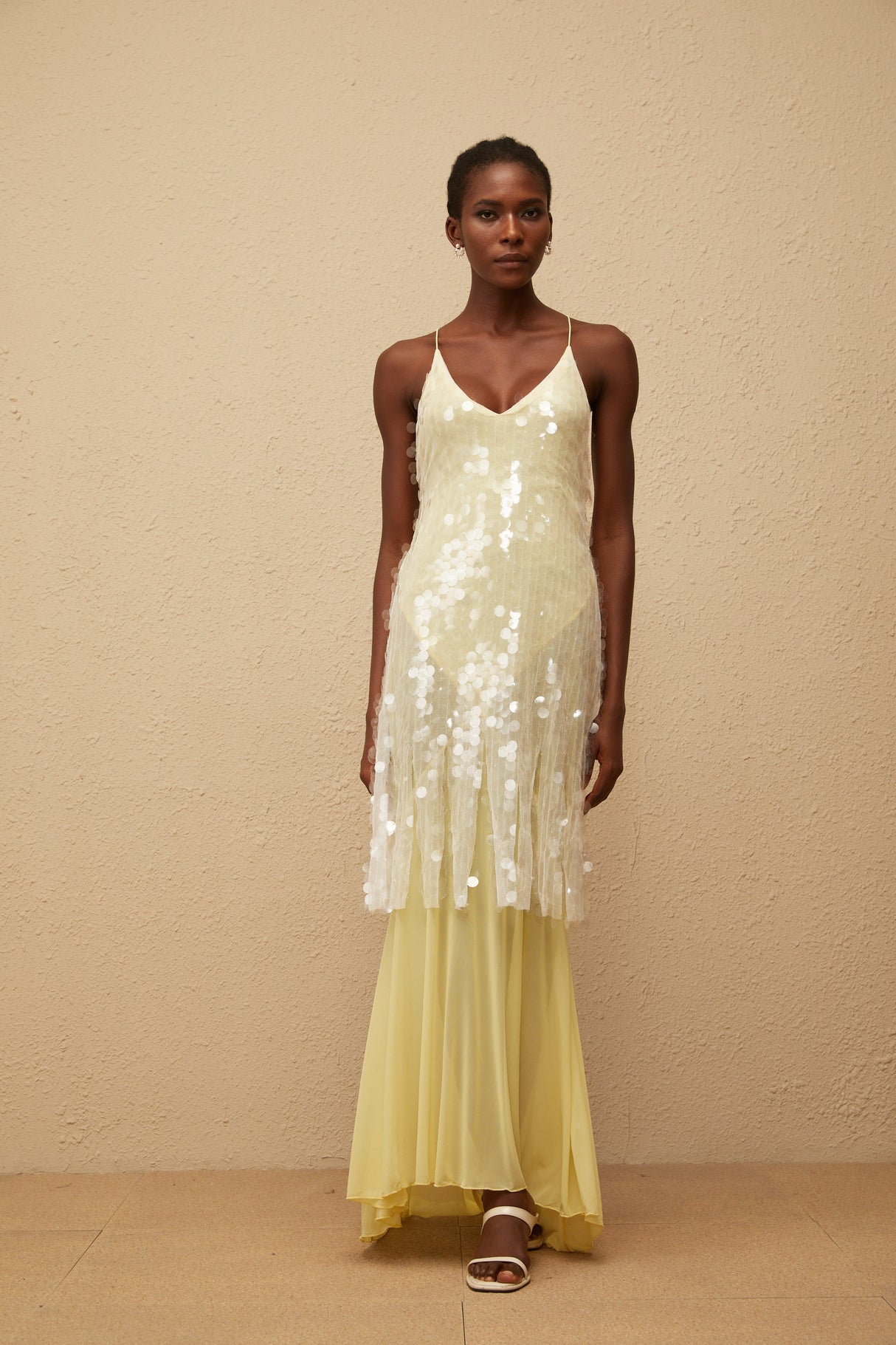 Aurohaya Joyau Yellow Sequin Mesh Maxi Dress