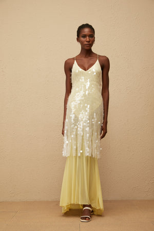 Aurohaya Joyau Yellow Sequin Mesh Maxi Dress